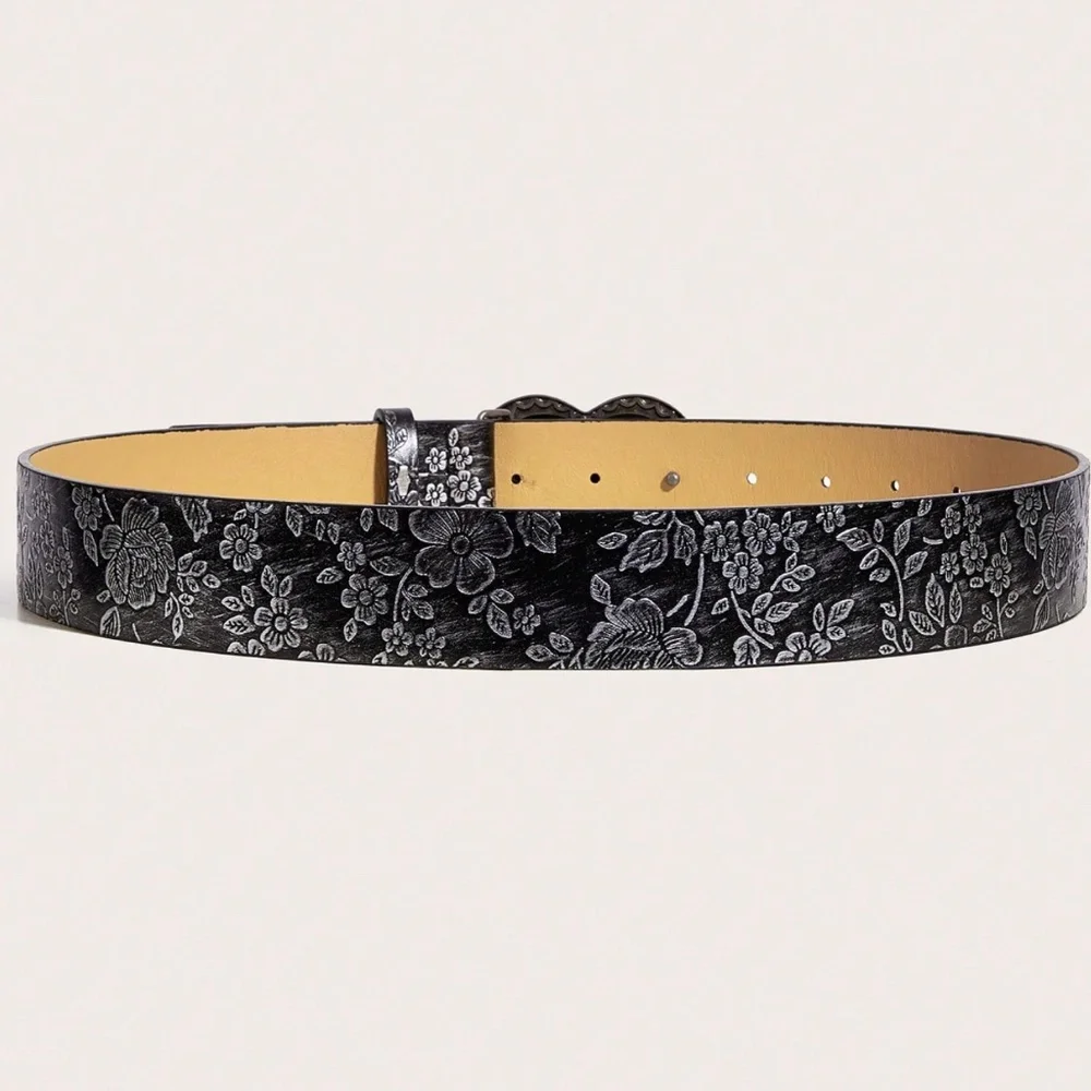 Western Floral Embossed Heart Statement Buckle Vegan Leather Wide Belt
